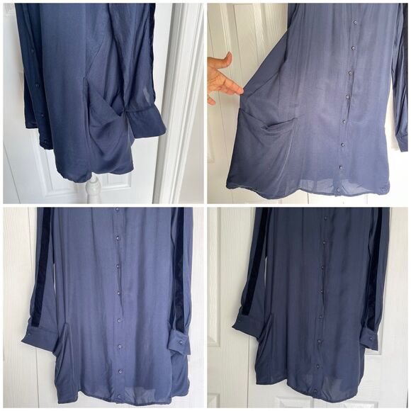 Zara Basic Z1975 Denim Small Shirt Blue Long Sleeve Button Up Velvet Decorative - Picture 8 of 16